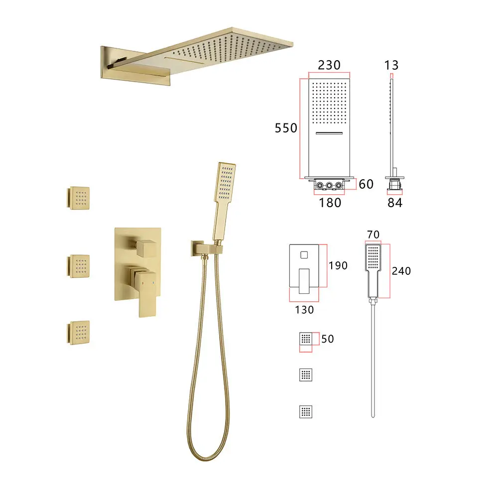 

Brushed Gold brass Thermostatic 3 ways Shower Faucet Sets hot cold water Mixer concealed shower set with 10inches shower head