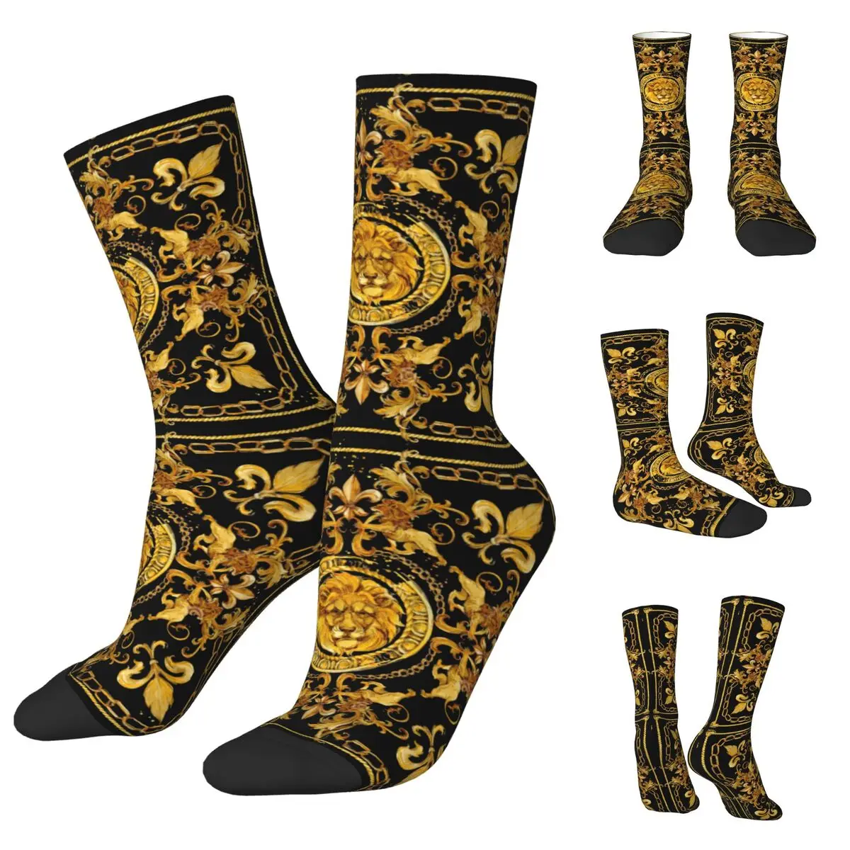 

Golden Lion And Damask Ornament Men Women Socks,Motion Beautiful printing Suitable for all seasons Dressing Gifts