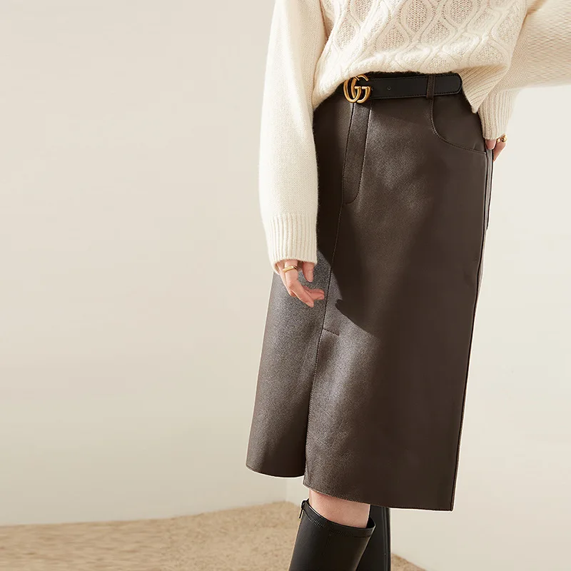 

Delicate And Uncoated Sheepskin High Waist Skirt Solid Color Front Split Double Pocket Genuine Leather Slim Fit Long Leg Sheepsk