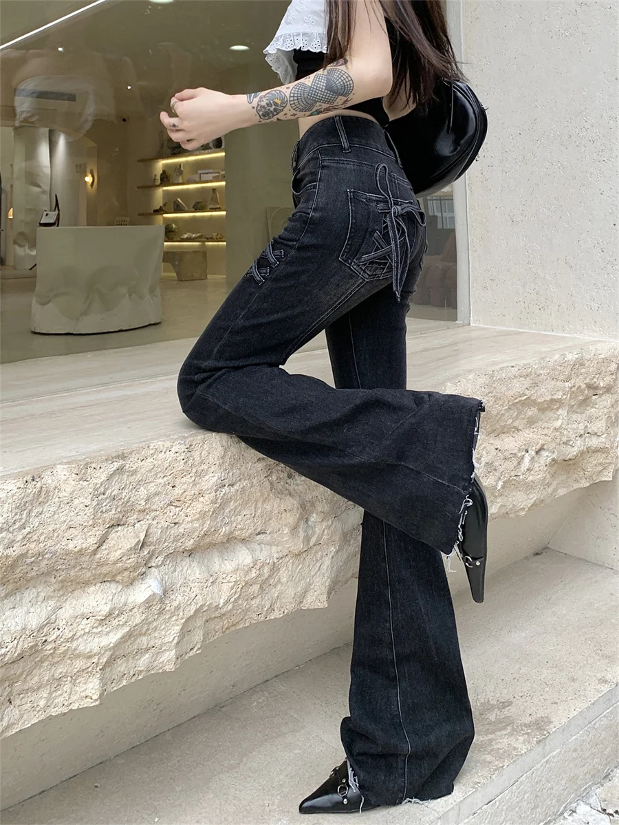 

Slergiri Black Lace-up Raw Hem Flare Jeans High-waisted American Retro Streetwear Women Y2k Stretch Slim Denim Trousers 2024