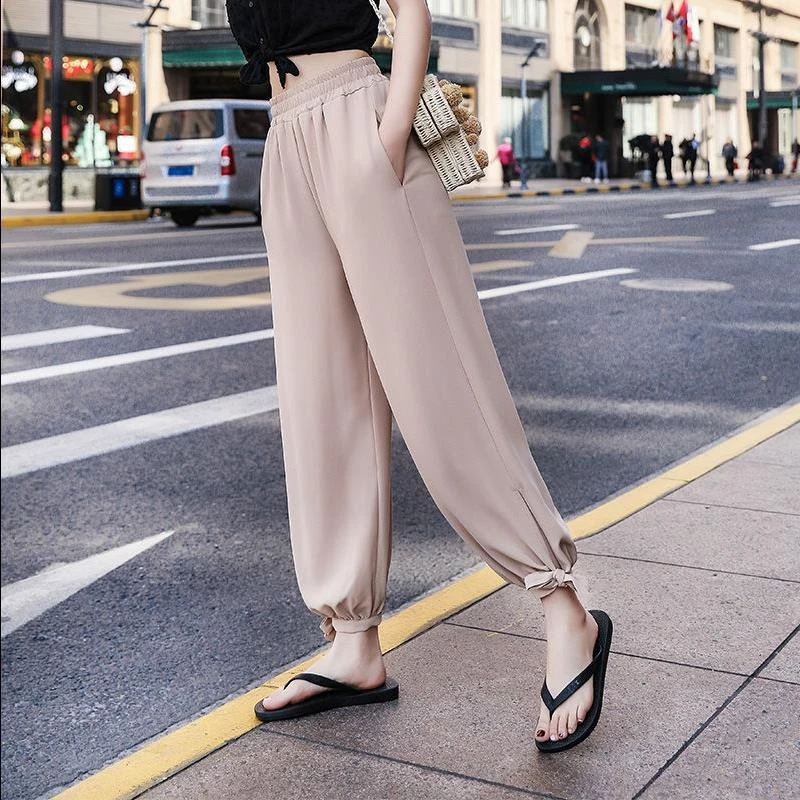 

2024 Women's Summer Fashion High Waist Thin Loose Pant Female Thin Ice Silk Casual Pants Ladies Solid Color Chiffon Trousers C62