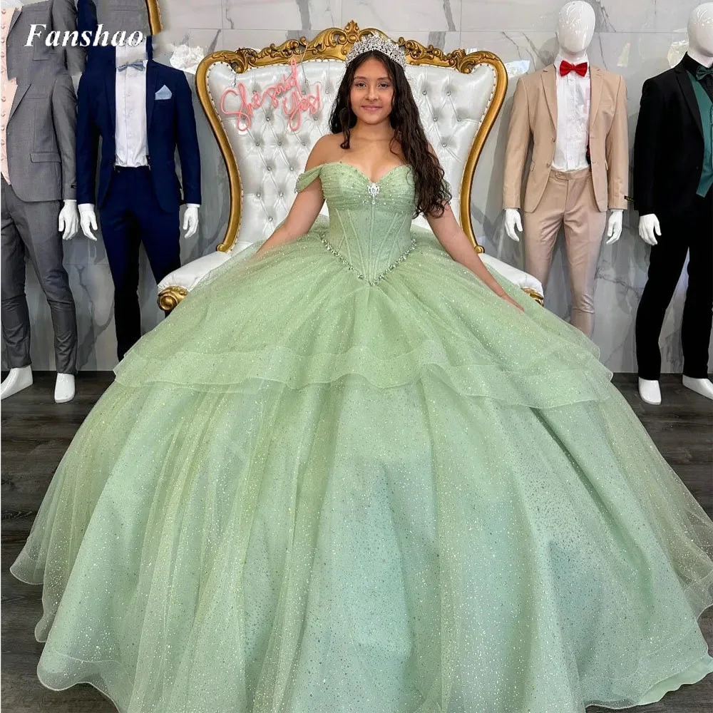 

Fanshao pd215 Bow Glitter Crystal Ruffles Ball Gown Quinceanera Dresses Off The Shoulder Beading Pleat Corset Vestido De 15 Anos