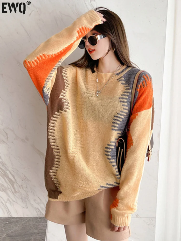 

[EWQ] Vintage Contrast Color Sweater Women Autumn Winter Thin Clothes 2023 New Tide Long Sleeve Big Size Pullovers Knitwear Top