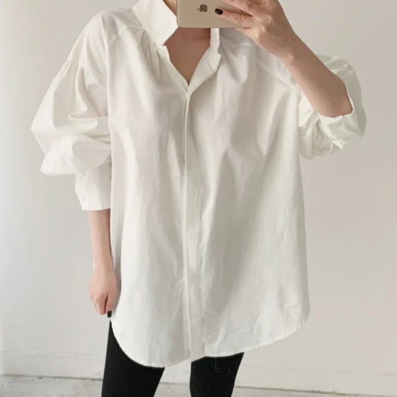 

Повседневная хлопковая белая блузка для женщин 2022 топ с пышными рукавами блузки для женщин Повседневная Офисная Женская Однотонная рубашка Топы женские блузы 13119