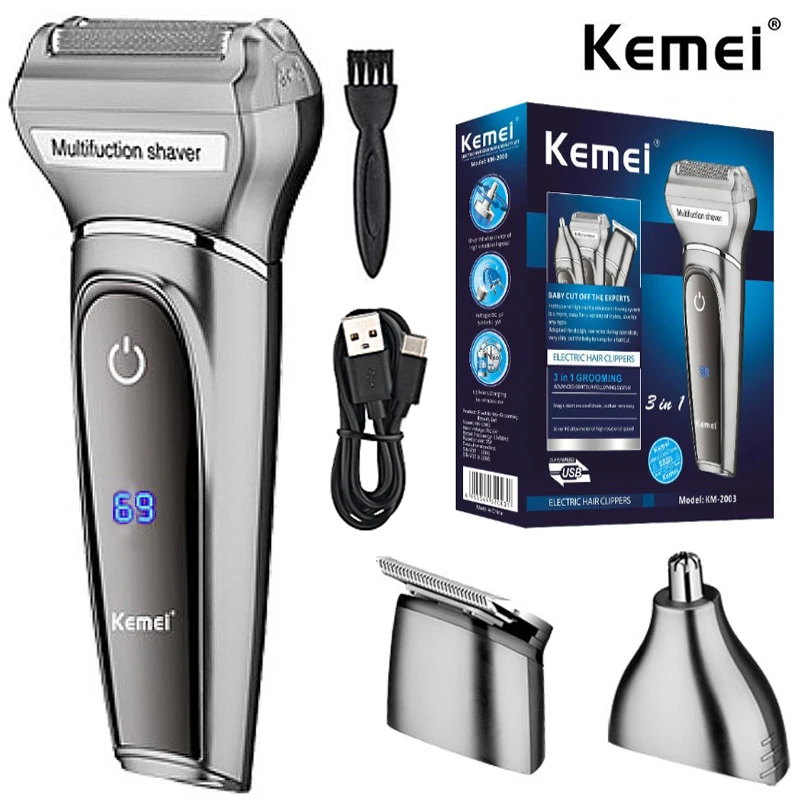 Kemei 3 In 1 Powerful Electric Shaver Facial Body Hair Trimmer Beard Shaving Machine Razor Nose Ear Hair Trimmer for Men KM-2003
Kemei 3 In 1 Powerful Electric Shaver Facial Body Hair Trimmer Beard Shaving Machine Razor Nose Ear Hair Trimmer for Men KM-2003