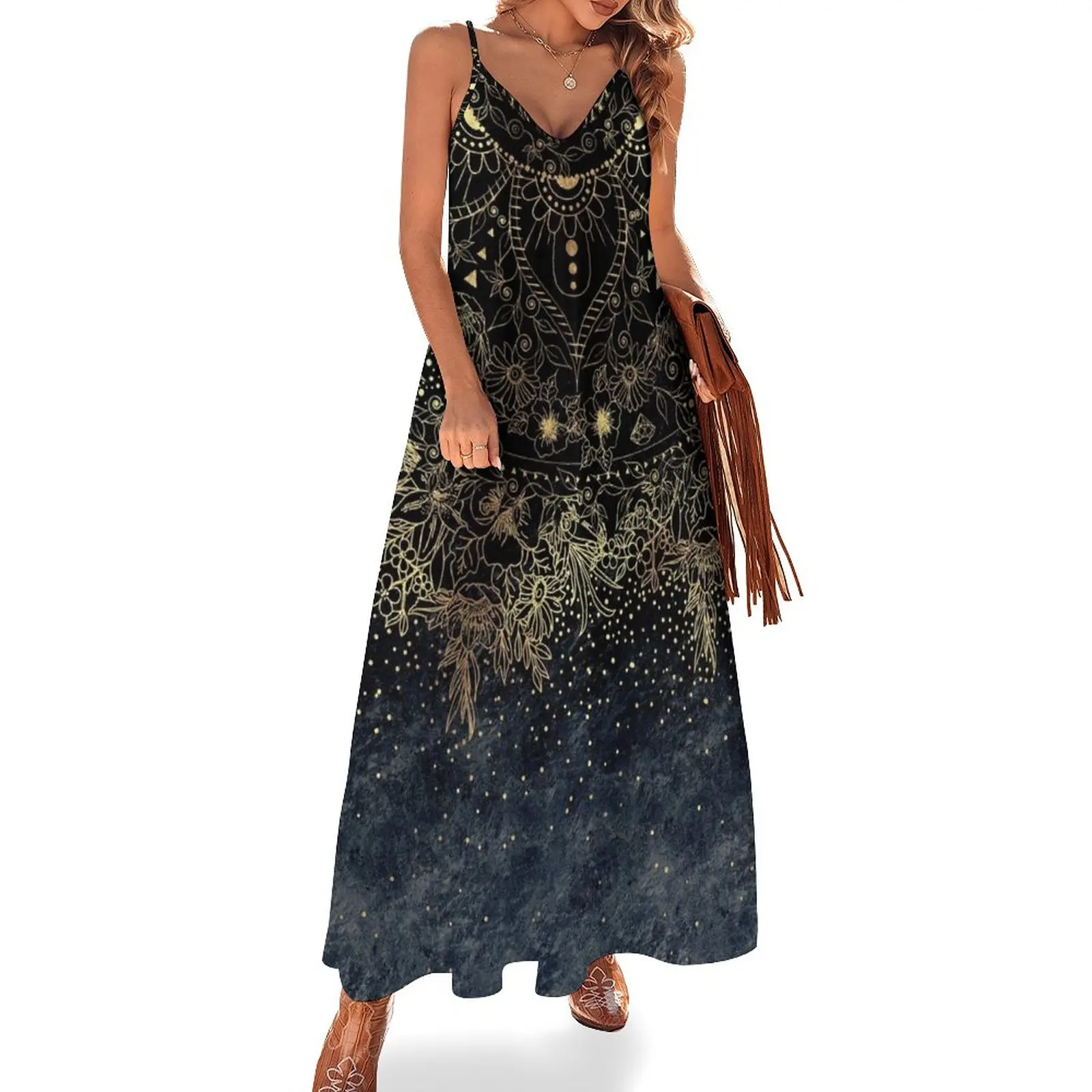 

Stylish Gold floral mandala and confetti Sleeveless Dress Elegant gown Summer dresses for women Aesthetic clothing