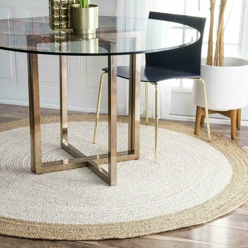 

Jute Rug Natural Bohemian Reversible Round Carpet White Area Rag Rustic Look Rug