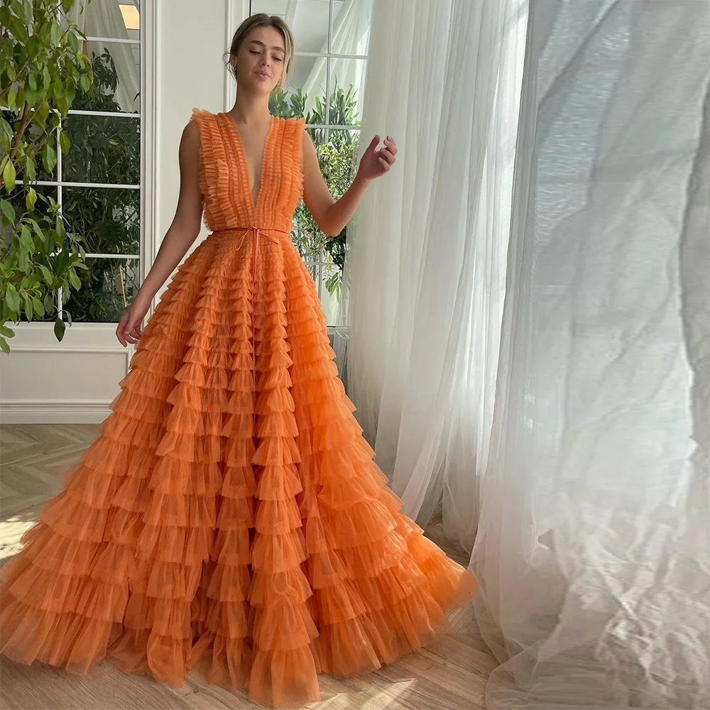

Sevintage Orange Tiered Ruffles Tulle Prom Dresses V-Neck Pleat Ruched Saudi Arabic Evening Gowns Wedding Party Dress 2023