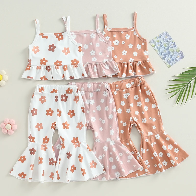 

2023-05-19 Lioraitiin 0-4Years Toddler Girls 2PCS Pants Sets Sleeveless Cami Tops Floral Flared Pants Sets Summer Outfits