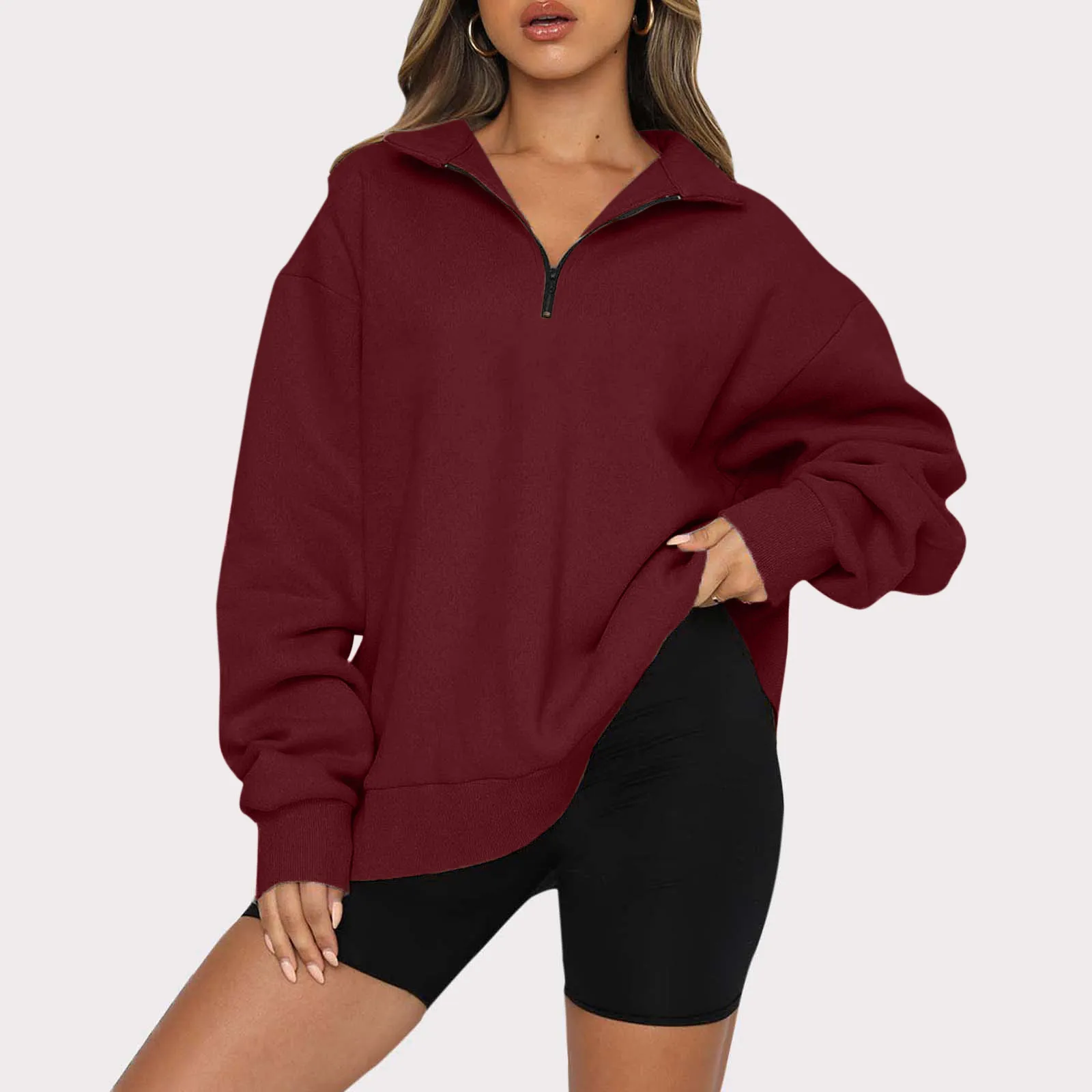 

Autumn Solid Color Sweatshirt Womens Casual Long Sleeve Half Zip Drop Shoulder Quarter 1/4 Zipper Pullover Oversized Tunic Top