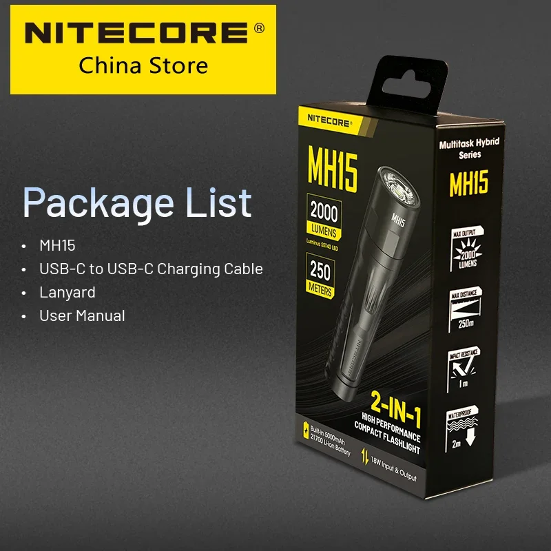 

Nitecore MH15 2000 Lumens USB-C Rechargeable Flashlight LED 18W QC Fast Charge EDC Torch Light Power Bank Built in 21700 Battery