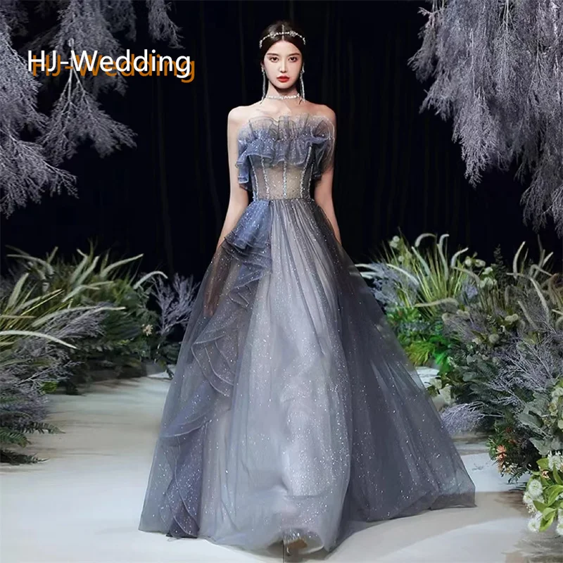 

A-Line Tulle Formal Sequined Evening Gowns Strapless Lace Up Beading Ladies Fairy Blue Gray Length 2024 Celebrity Dress