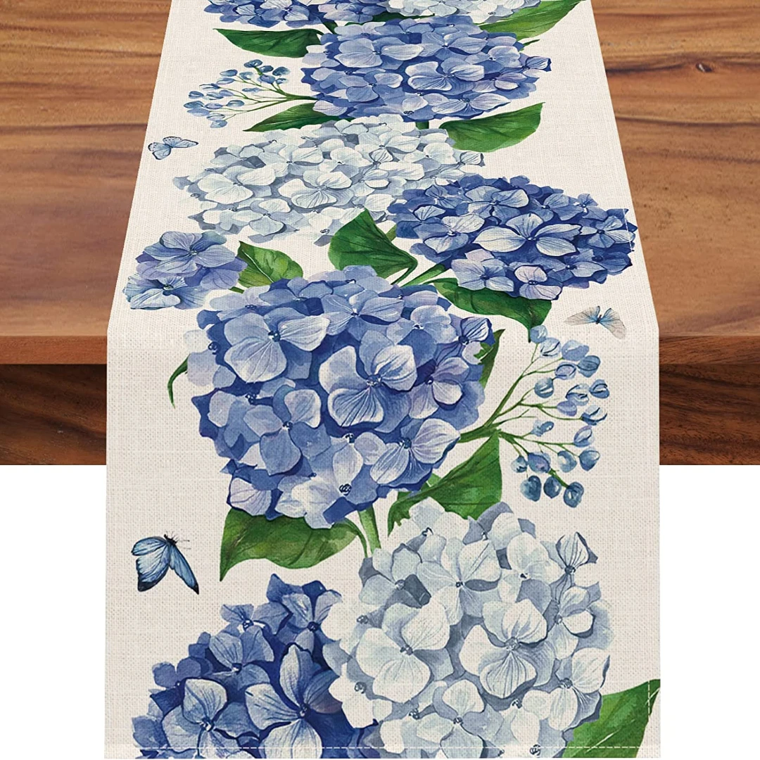 

Hydrangea Floral Flowers Linen Table Runner Holiday Party Decoration Blue Butterfly Kitchen Dining for Wedding