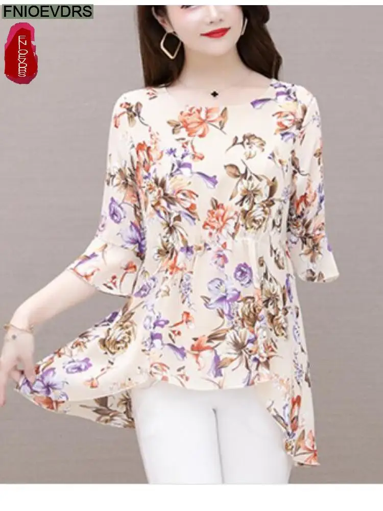 

2023 Summer Short Sleeve Loose Lazy Clothes Floral Women Vintage Blouses Long Shirt Female Casual Peplum Tunic Retro Sequin Tops