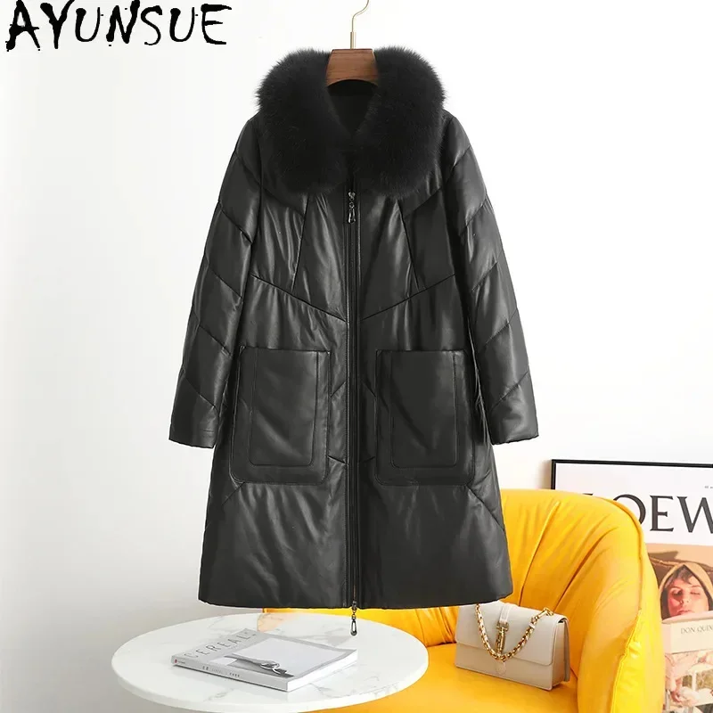 

100% AYUNSUE Real Leather Jacket Women Genuine Sheepskin Coat White Duck Down Coats Winter 2024 Fox Fur Collar Casaco Feminino