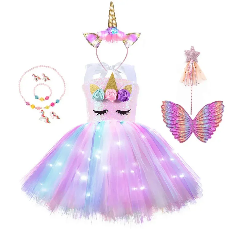 

Christmas Unicorn Tutu Dress with LED Light Wings Sequins Girls Ball Princess Birthday Party Gift Halloween Cosplay Costume