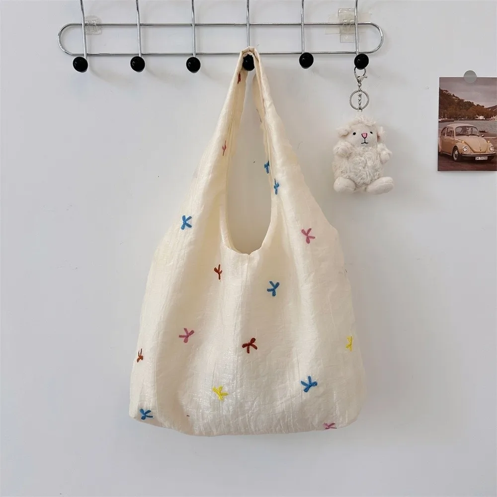 Simple Embroidered Bow Tote Bag Chiffon Solid Color Cherry Shoulder Bag Light Weight Korean Style Canvas Underarm Bag Handbag Simple Embroidered Bow Tote Bag Chiffon Solid Color Cherry Shoulder Bag Light Weight Korean Style Canvas Underarm Bag Handbag