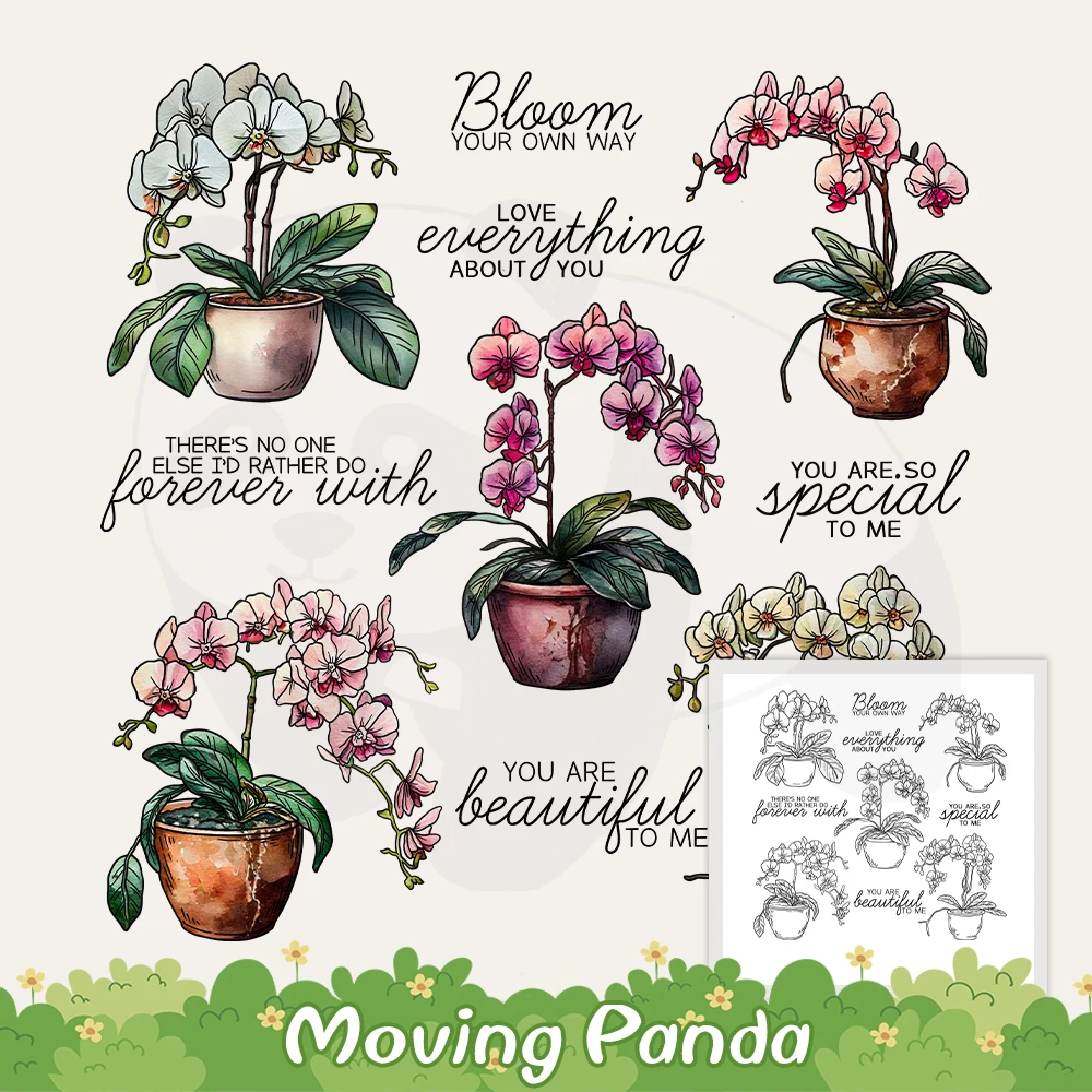 

Blooming Potted Flowers Orchid Cutting Dies Clear Stamp DIY Scrapbooking Metal Dies Silicone Stamps For Cards Albums Crafts