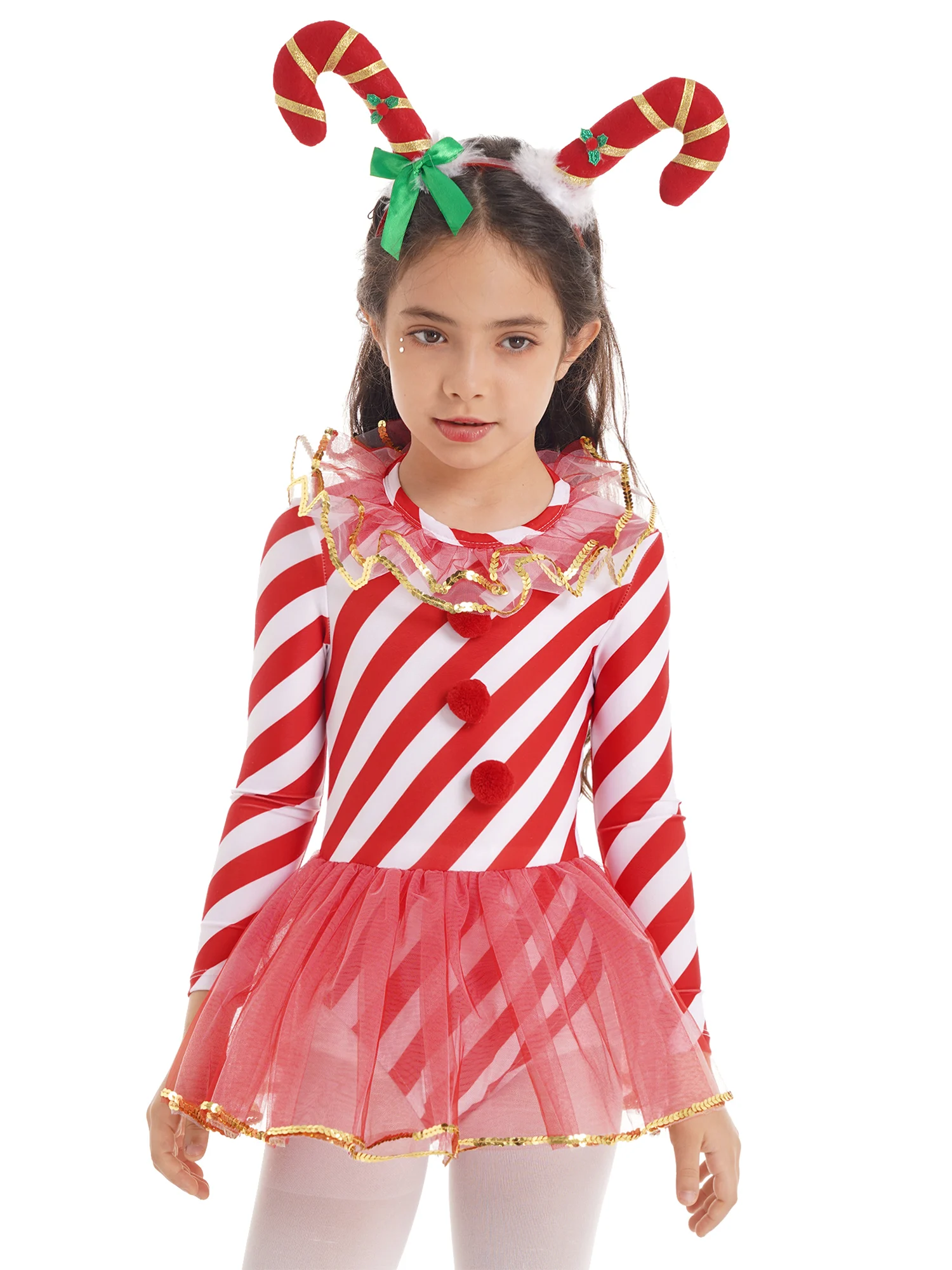 

Kids Girls Candy Cane Santa Claus Costume Christmas Cosplay Dancewear Long Sleeves Stripes Mesh Ballet Figure Skating Tutu Dress