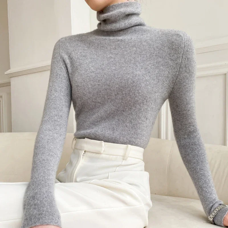 

Autumn Winter Solid Slim White Pullover for Women Fashion Simple Turtleneck Knitted Sweater Casual Long Sleeve Tops Jumper 29135