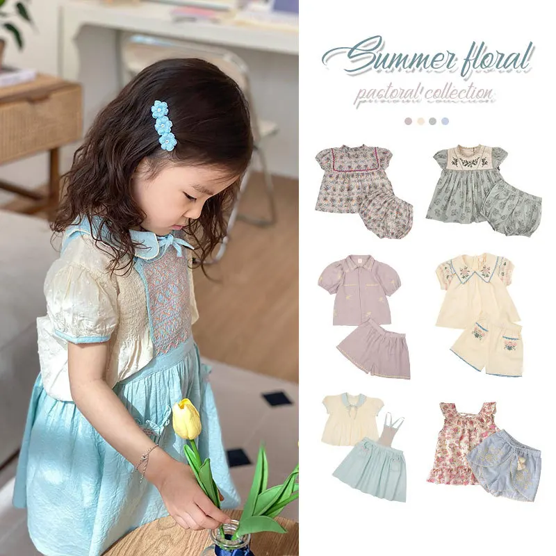 

Korean Girl's Set 2024 Summer Girls Pastoral High Style Farm Style Heavy Industry Embroidered Flower Top Shorts 2PCS Set