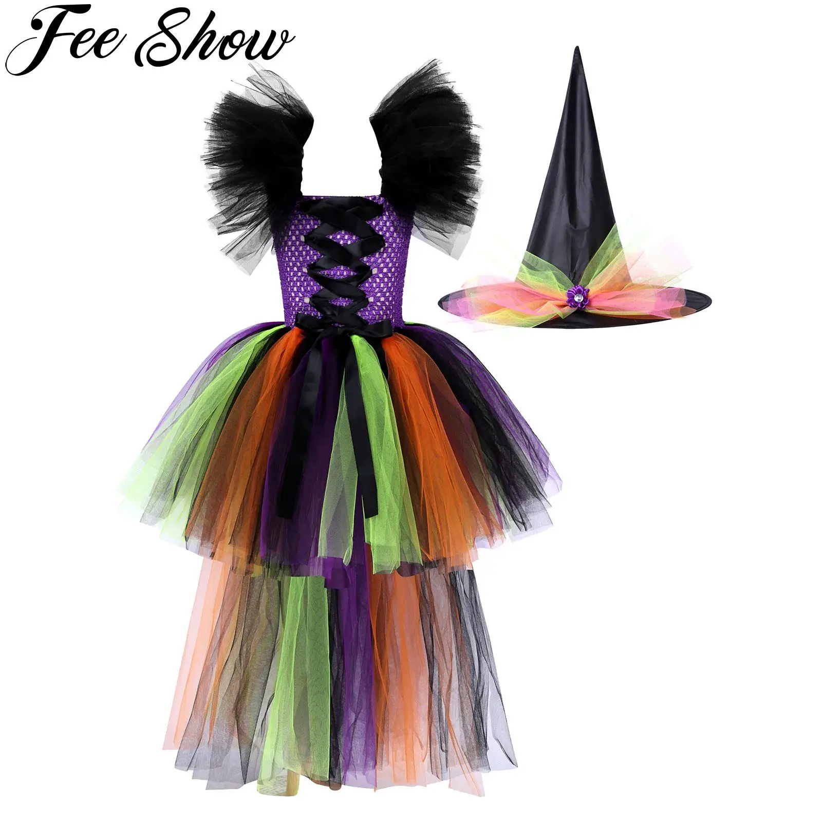 

Kids Girls Cospaly Dresses Halloween Wizard Pettiskirt Dress Sleeveless Tutu Mesh Trailing Yarn Skirt Party Dress with Hat