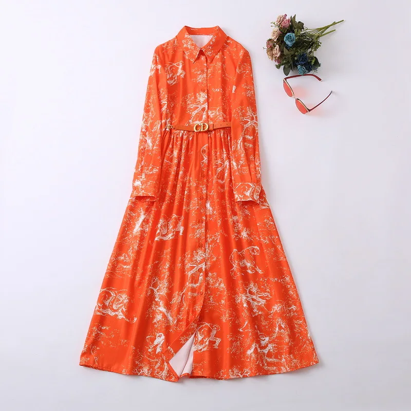 New European and American women's wear for winter 2022 Long sleeve lapel orange printed chain belt Fashion dress XXL
New European and American women's wear for winter 2022 Long sleeve lapel orange printed chain belt Fashion dress XXL