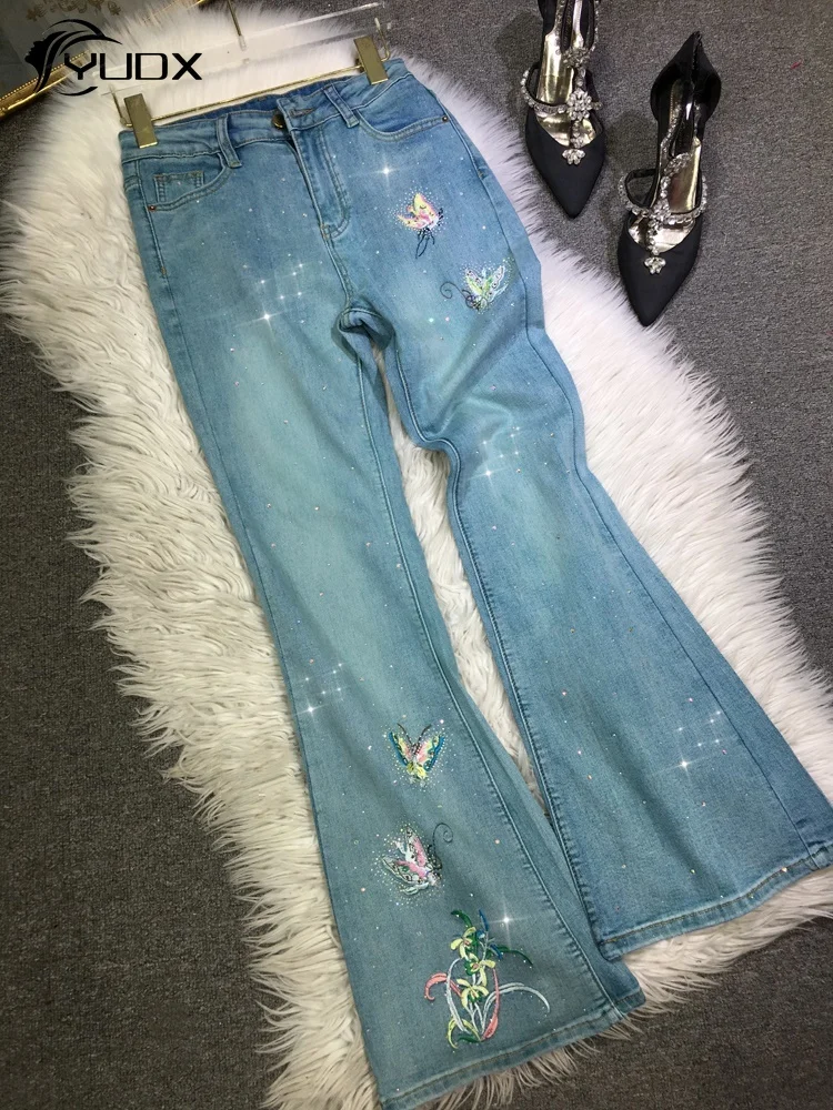 

YUDX High Quality Butterfly Embroidery Women Flare Pants New Spring Summer Long Denim Trousers Hot Drilling Casual Jeans Lady