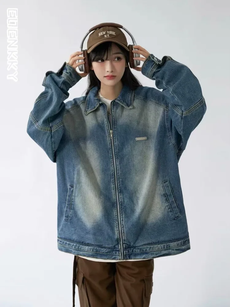 

Куртка-бомбер женская джинсовая в винтажном стиле, свободный пиджак из денима с эффектом потертости, на молнии, в Корейском стиле, в американском стиле, Y2k, верхняя одежда, весна-осень