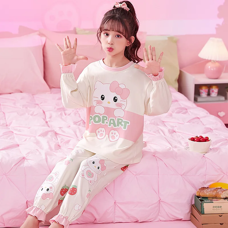 

Sanrio Kawaii Girls Pajamas HelloKitty MyMelody Kuromi Cinnamoroll Anime Cartoon Crewneck Long Sleeves Cute Big Kids Home Wear