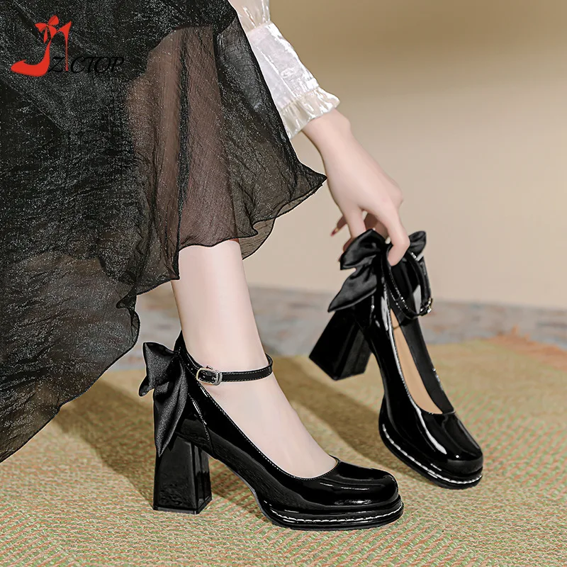 

Elegant Bow Women Pumps Thick High Heels Mary Jane Shoes Ladies Ankle Strap Chunky Platform Heeled Wedding Shoes Beige Black
