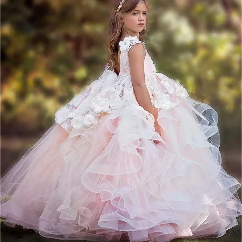 

Princess Flower Girl Dress Fluffy Lace Appliques Cascading Child Birthday Party First Communion Holiday Wedding Gown