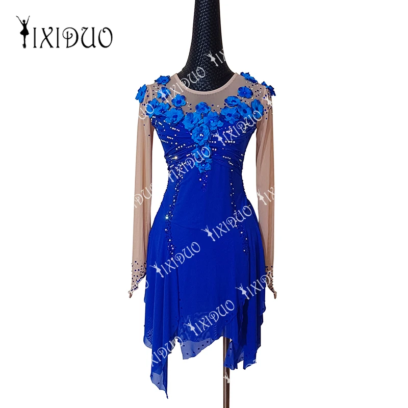 

Floral Glitter Figure Skating Dress Women Girls Competition Ice Skating Outfits Royal Blue Long Sleeve Spandex High Elasticity