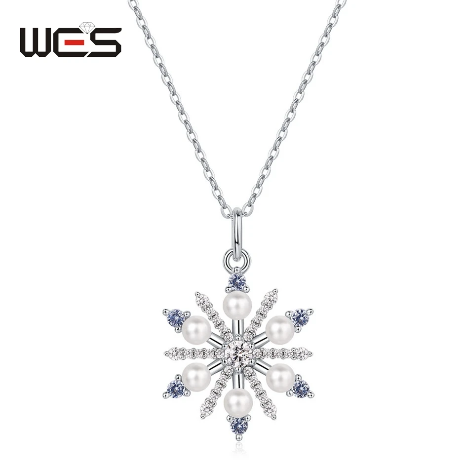 

WES 925 Sterling Silver Snowflake Pendant Necklace for Women Pearl Crystal Zicron Jewelry Christmas Wedding Gifts Certified Band