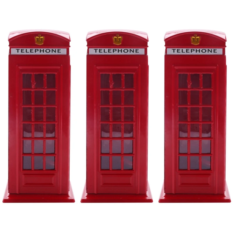 

3X Metal Red British English London Telephone Booth Bank Coin Bank Saving Pot Piggy Bank Red Phone Booth Box 140X60x60mm