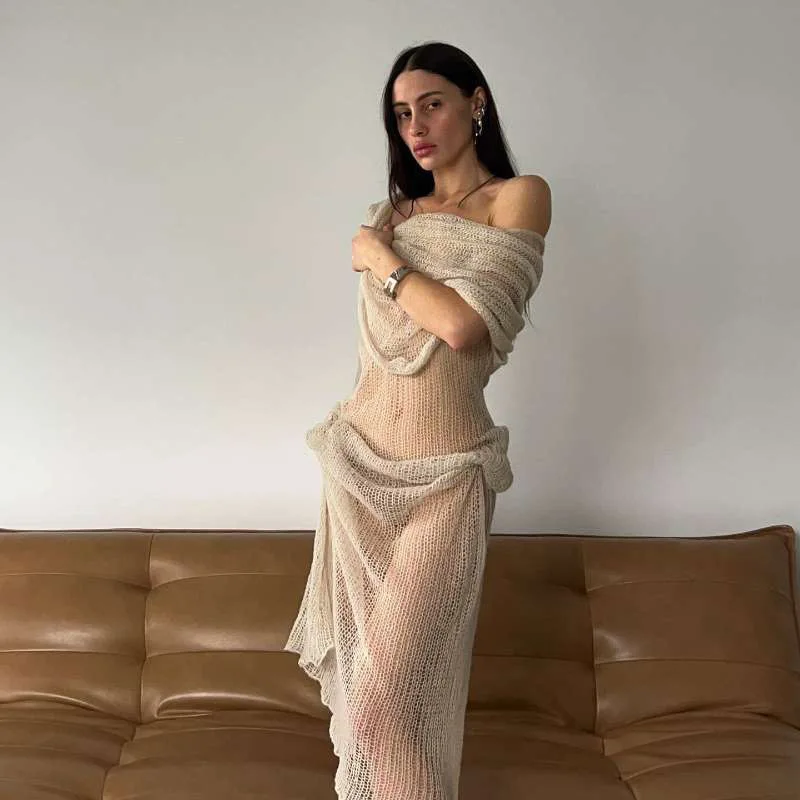 

Женское вязаное Элегантное Длинное платье, ажурное платье макси с одним рукавом, плиссированные платья с длинным рукавом, сексуальная пляжная одежда