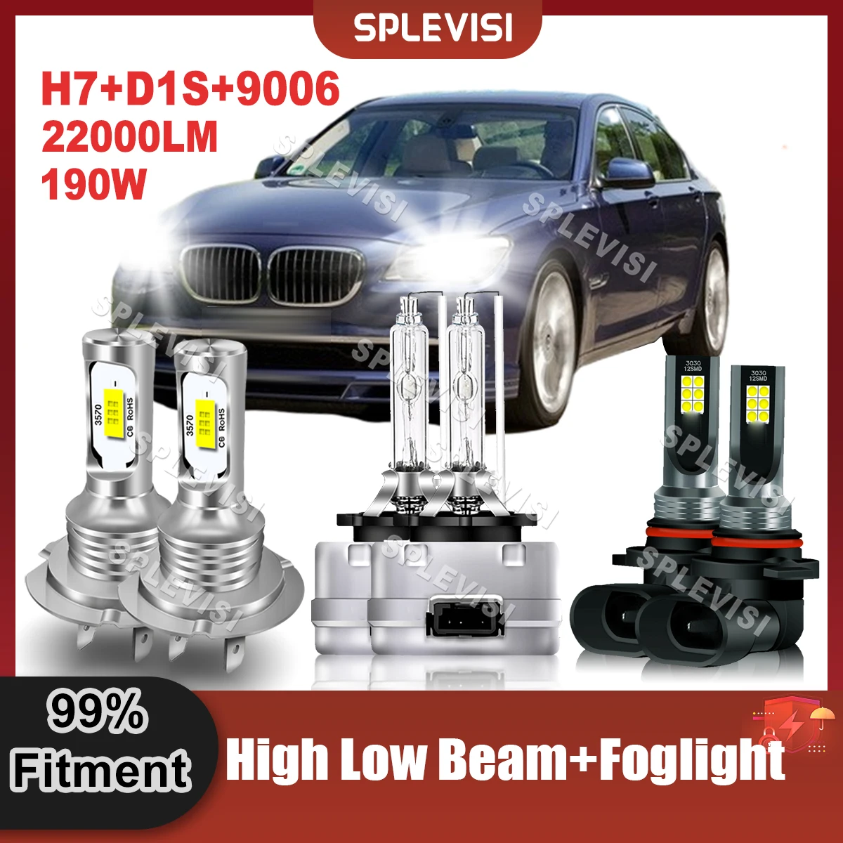 

Car Fitment LED Headlight 6000K White H7 High D1S Xenon Low Beam 9006 Foglight Combo Kit For BMW Alpina B7 2007 2008 Car Light