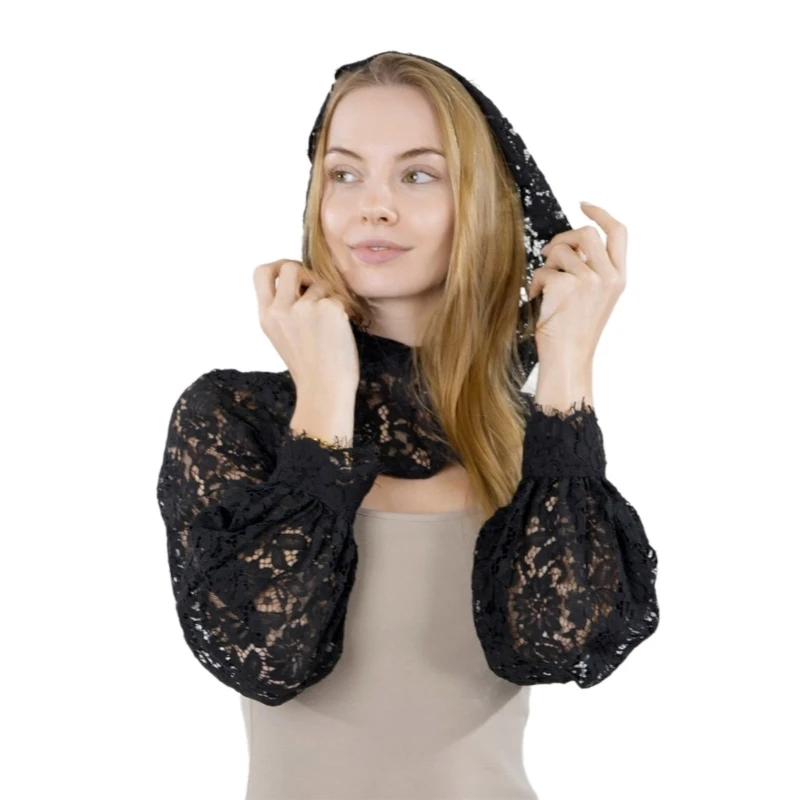 

Women Puff Long Sleeve Black Eyelash Lace Hoodie Pullover Crop Top Aesthetic Hollowed Half Shirt False Collar