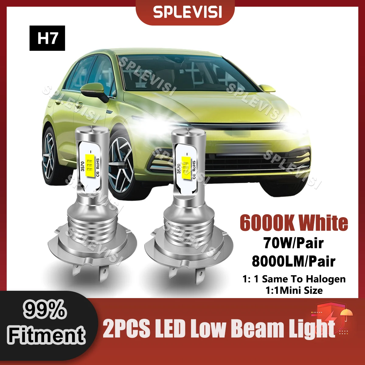 

SPLEVISI H7 LED Headlamp Low Beam Bulbs 8000LM/Pair For VW Golf MK7 2013 2014 2015 2016 2017 2018 2019 2020 Replace Auto Light