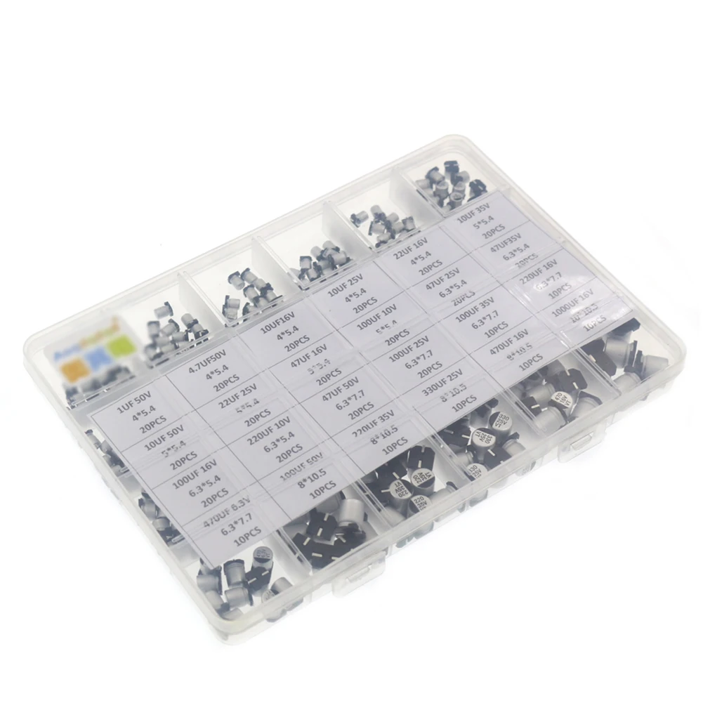 Assortment Electrolytic Capacitors Reliable SMD Set Spare Parts With Box 1uF ~ 1000uF 24Value 400pcs Accessory
Assortment Electrolytic Capacitors Reliable SMD Set Spare Parts With Box 1uF ~ 1000uF 24Value 400pcs Accessory