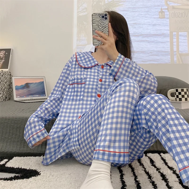 Autumn Winter Women Sweet Blue Grid Print Sleepwear For Female Casual Nightwear Suit Korean Girls Lovely Pajamas Set Homewear
Autumn Winter Women Sweet Blue Grid Print Sleepwear For Female Casual Nightwear Suit Korean Girls Lovely Pajamas Set Homewear