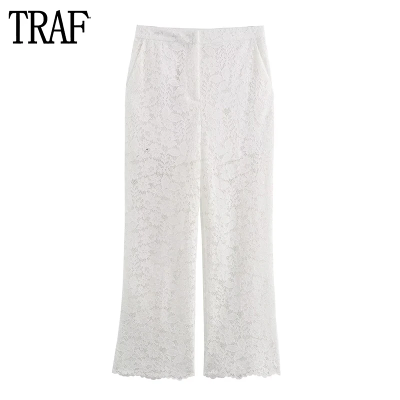 

TRAF 2024 White Lace Pants for Women Summer High Waist Pants Women Semi Sheer Woman Trousers Beach Straight Leg Women's Pants