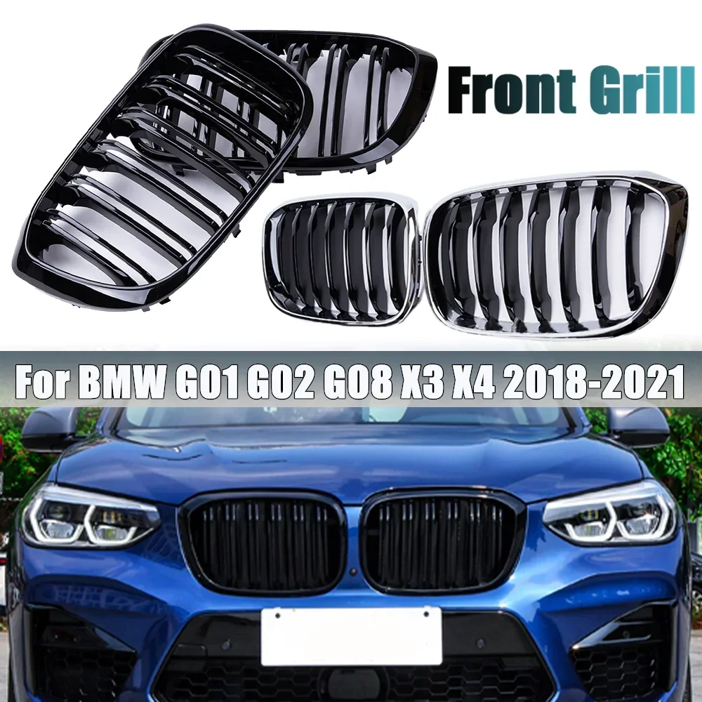 

Pair Front Grille Kidney Grill Double Slat Racing Grills Glossy Black For BMW G01 G02 G08 X3 X4 2018-2021 Car Accessories