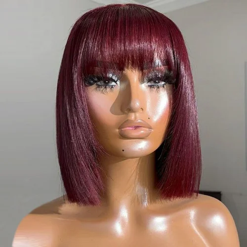 

99J Burgundy Short Bob Human Hair Wigs With Bang Full Machine Made Straight Bob Wig Brazilian Remy Hair Bob Wig For Black Women