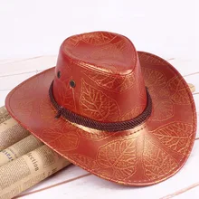 Western Cowboy Hat American Jungle Knight Hat Large Brim Bucket Caps PU Leather Leaves Printing Panama Outdoor Farm Cap Unisex