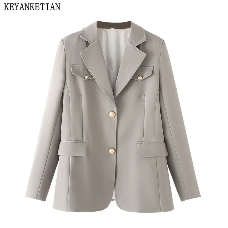 

KEYANKETIAN 2024 New Launch Women's Light Gray suit jacket Retro style Single Breasted Flap Pockets Seam Detail Outerwear Top