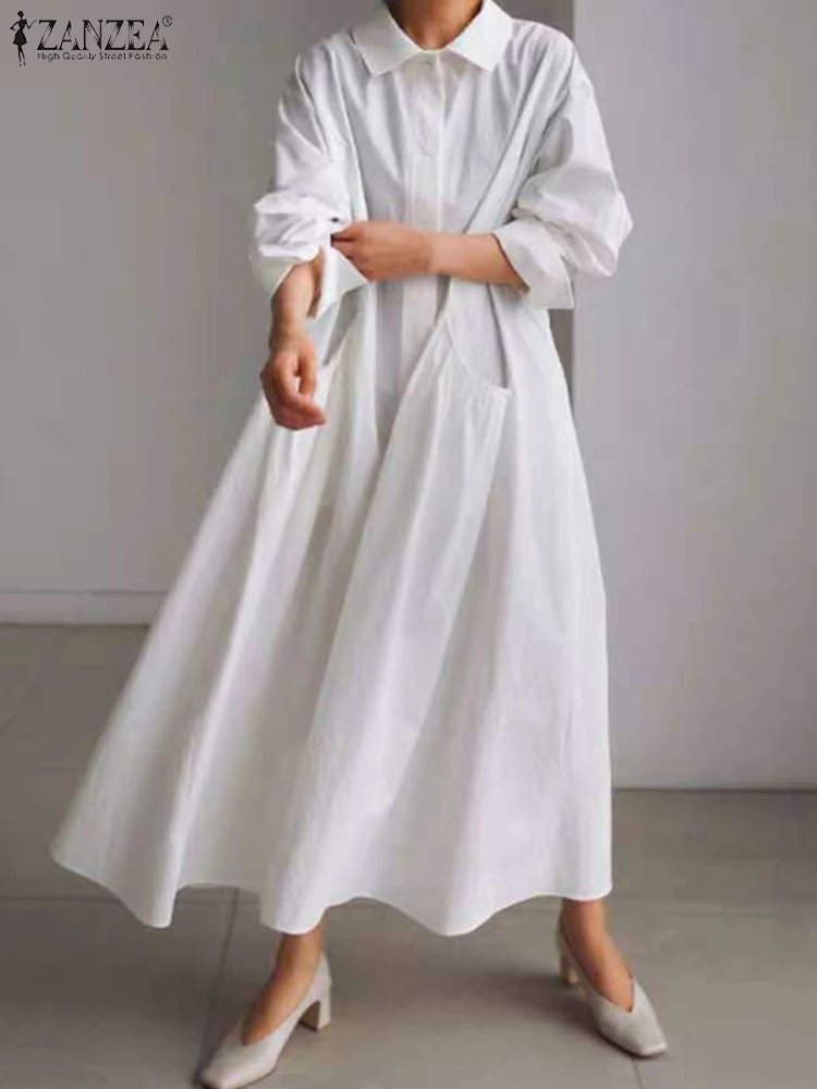 

Осеннее модное однотонное платье ZANZEA 2023, женское платье-рубашка с длинным рукавом и отворотом, Женские винтажные платья макси, элегантный офисный Сарафан