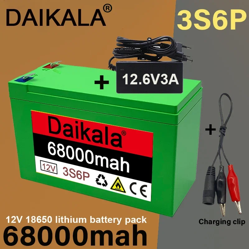 

12V68Ah 18650battery pack 3S6P built-in high current 30A BMS for sprayers, carts, children's electric vehicle with charger
