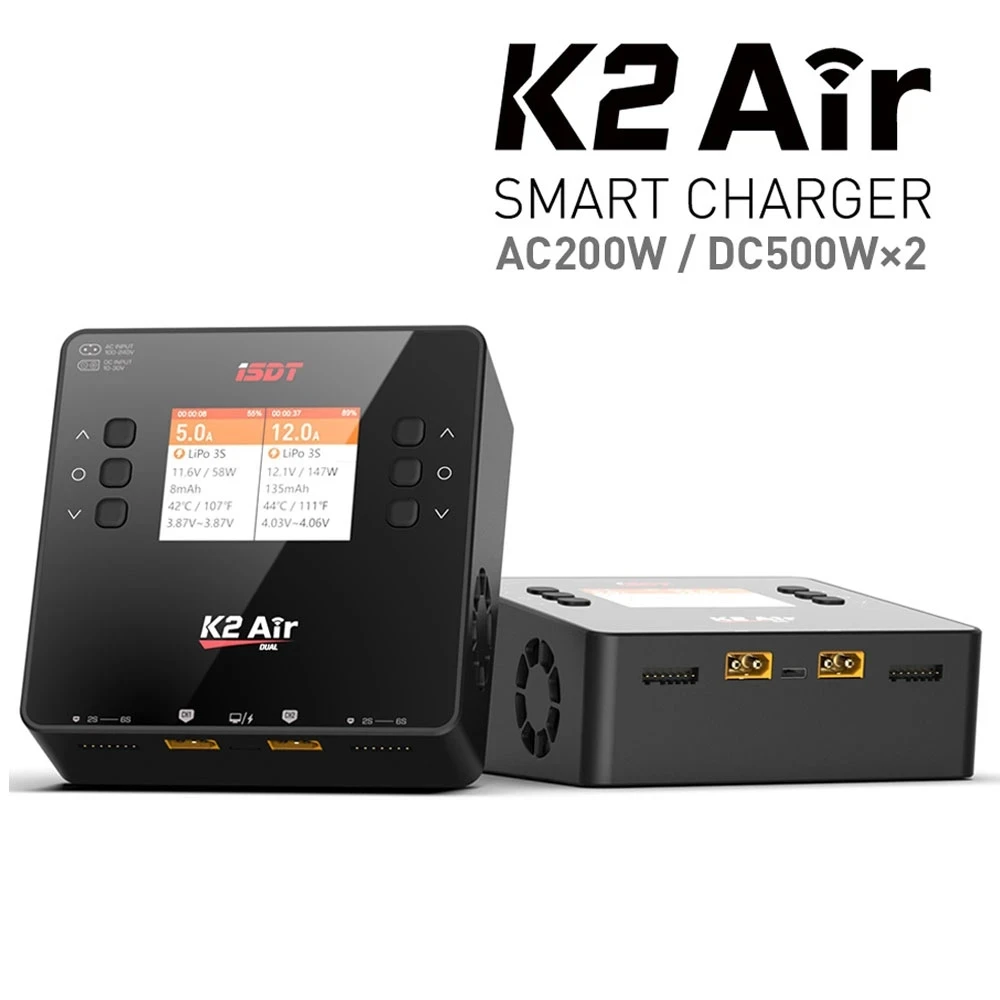

ISDT K2 Air Dual Channel Lipo Battery Charger AC 200W DC 500Wx2 20A Smart Balance Discharger for Life Lilon LiHV NiMH PB Battery