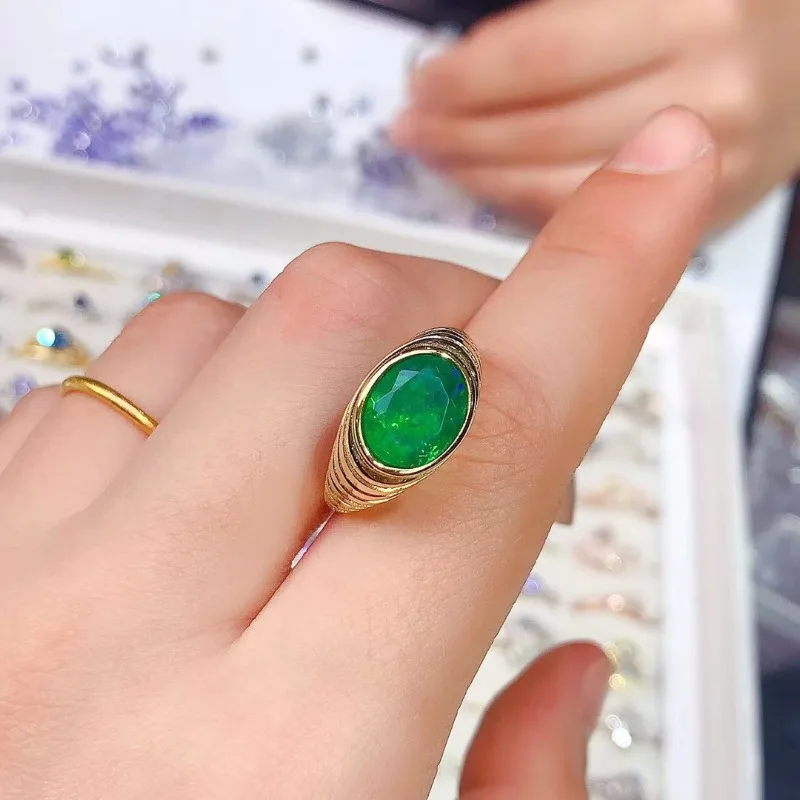 

YULEM Elegant 925 Silver Natural Green Opal Ring for Girl 8mm*10mm Natural Opal Silver Ring Brithday Gift for Girl Friend